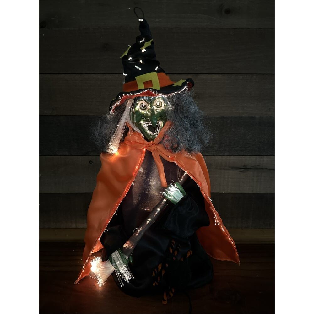 18” Fiber Optic Witch Green Face Broom Halloween Haunted Hollow In Box